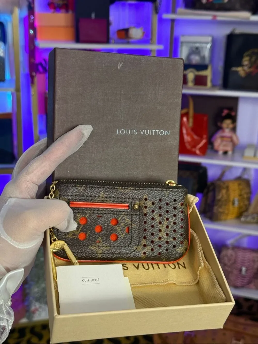 NIB Louis Vuitton Perforated Pochette Cles Orange Monogram Canvas Leather Wallet